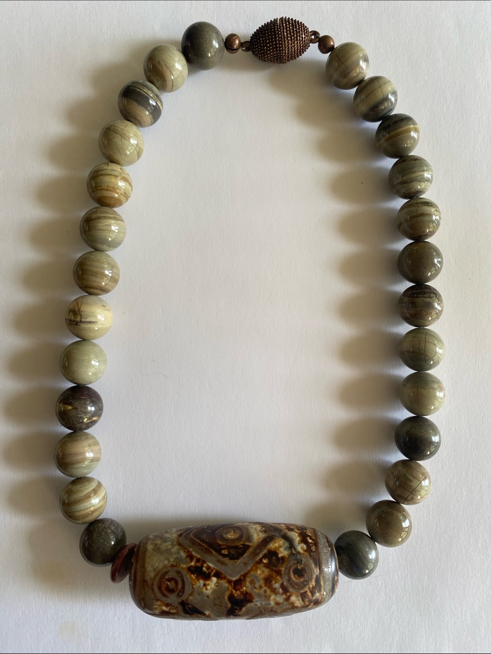 Tibetan stone Olive Green stone Beaded vintage Statement Necklace